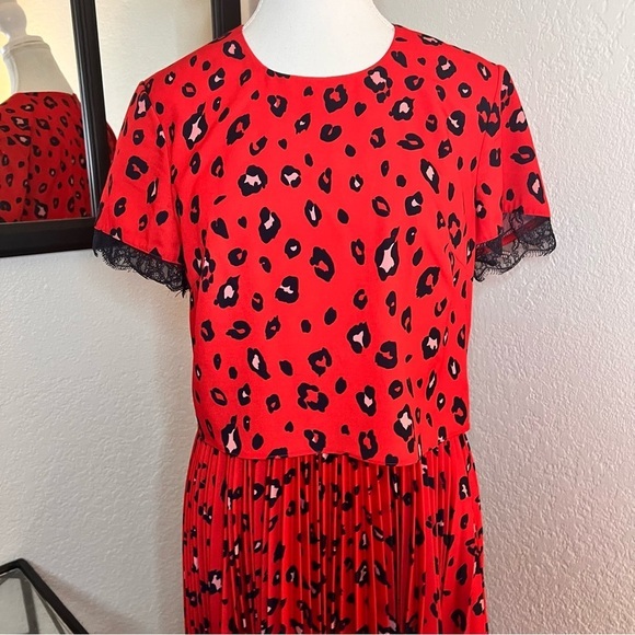 MIKAEL AGHAL Red Leopard‎ Pleated Midi Dress Lace Trim Size 6 - Picture 4 of 12